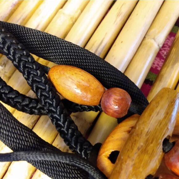 NWOT Black Weaved Strapped Fabric Belt Sliding Wood Beads Circle Center 30 in. - Picture 9 of 12